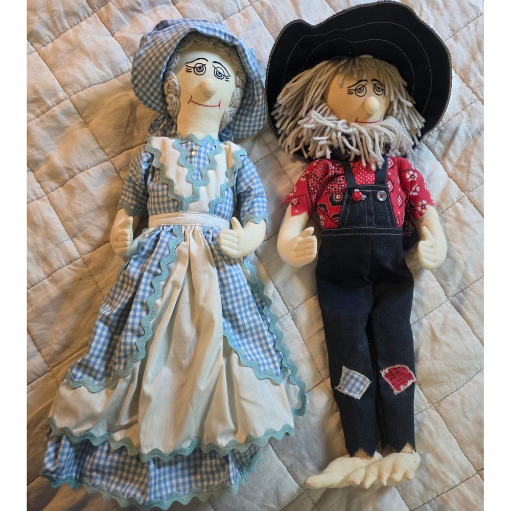 Handmade Folk Art Soft Sculpture Dolls Grandma Grandpa Farmhouse Blue Red 21in